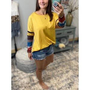 Color Block Striped Sleeves Round Neck Loose Fall Top Mustard Yellow 3521